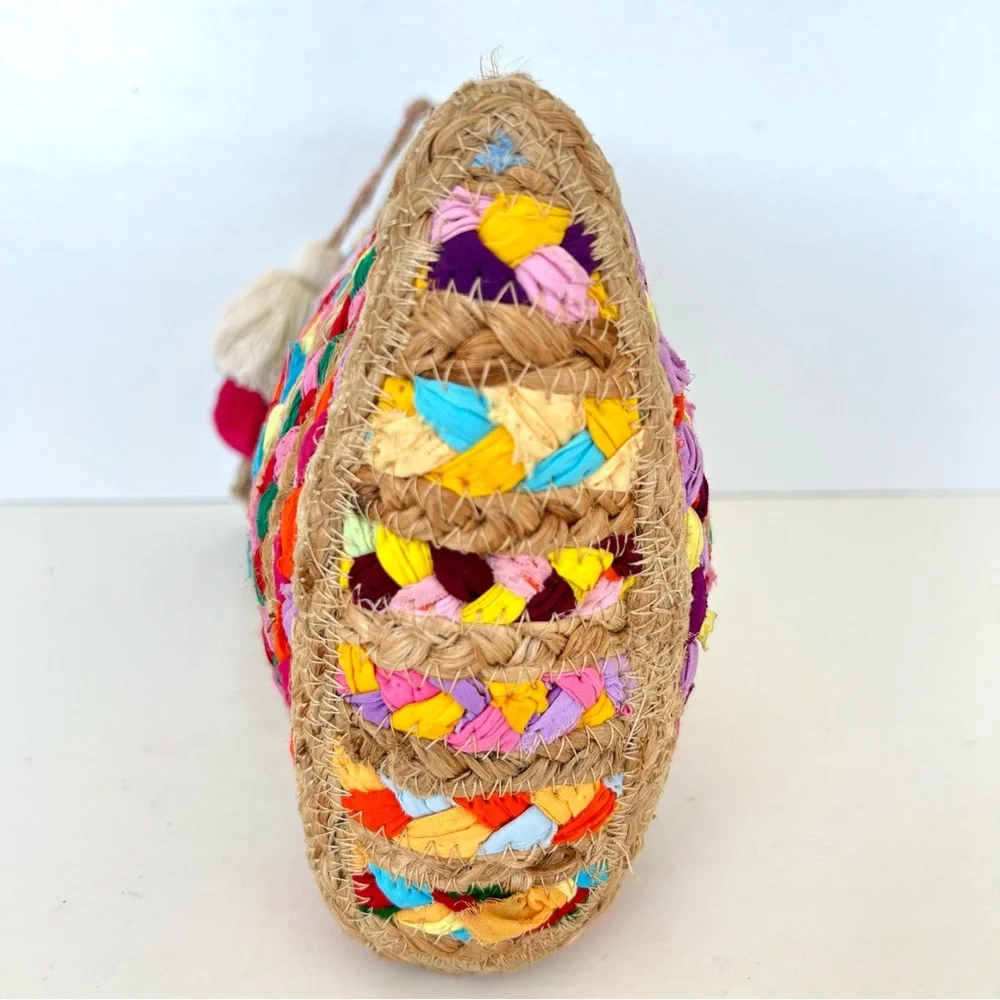 ANTIK KRAFT Beige Woven Jute Raffia Multicolor Braided Strip Fabrics Clutch NWT